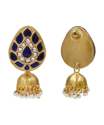 Gold plated blue kundan stone jhumka earrings 2