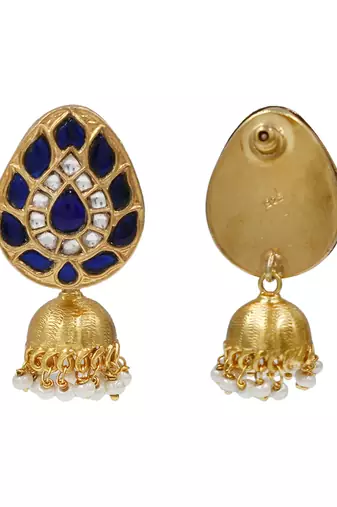 Gold plated blue kundan stone jhumka earrings