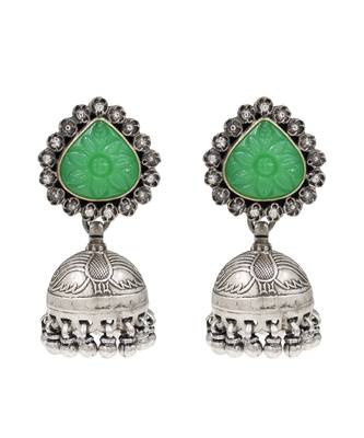 Silver plated green stone oxidised jhumka earrings 1