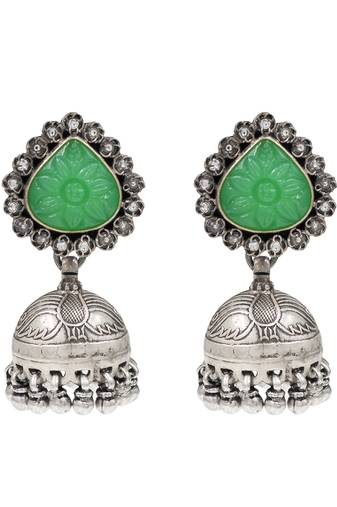 Silver plated green stone oxidised jhumka earrings