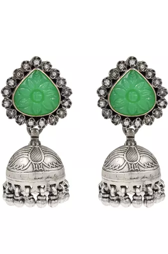 Silver plated green stone oxidised jhumka earrings