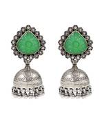Silver plated green stone oxidised jhumka earrings