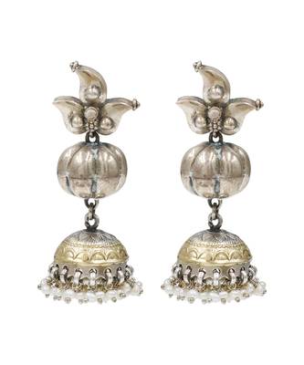Dual tone pearl drop metallic jhumka earrings 1