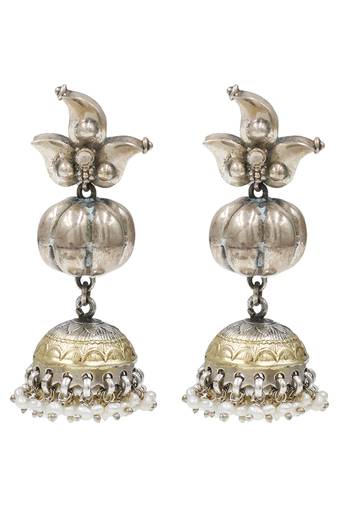 Dual tone pearl drop metallic jhumka earrings
