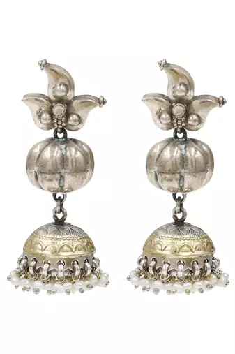 Dual tone pearl drop metallic jhumka earrings
