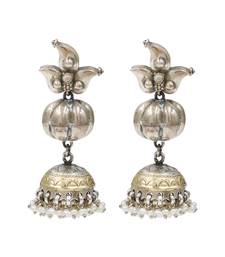 Dual tone pearl drop metallic jhumka earrings