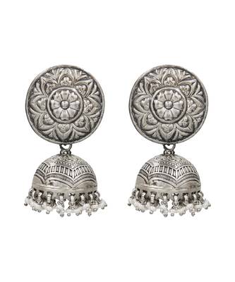 Silver plated pearl drop oxidised jhumka earrings 1