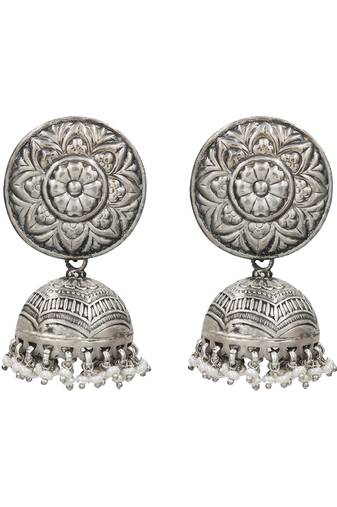 Silver plated pearl drop oxidised jhumka earrings