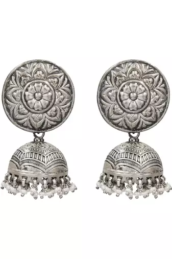 Silver plated pearl drop oxidised jhumka earrings
