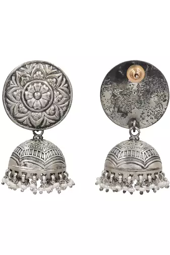 Silver plated pearl drop oxidised jhumka earrings