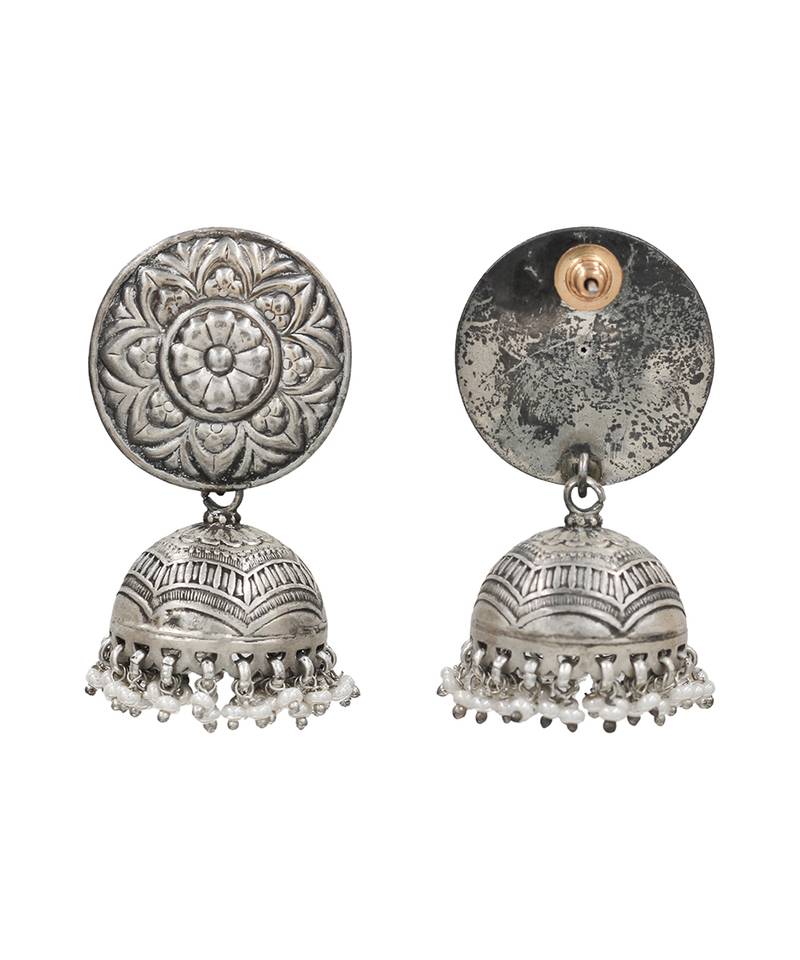 Silver plated pearl drop oxidised jhumka earrings