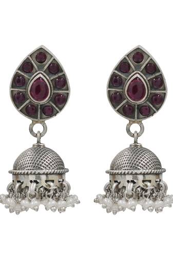 Silver plated ruby red kundan stones dangler earrings