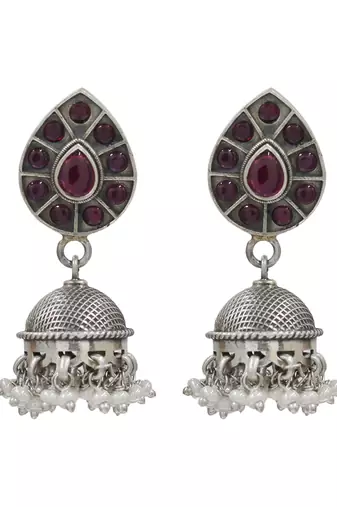 Silver plated ruby red kundan stones dangler earrings