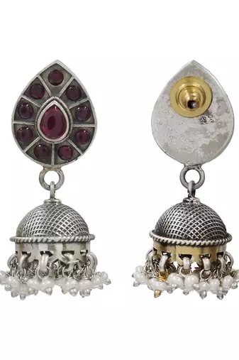 Silver plated ruby red kundan stones dangler earrings