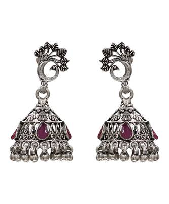 Silver plated pink kundan stone oxidised jhumka earrings 1