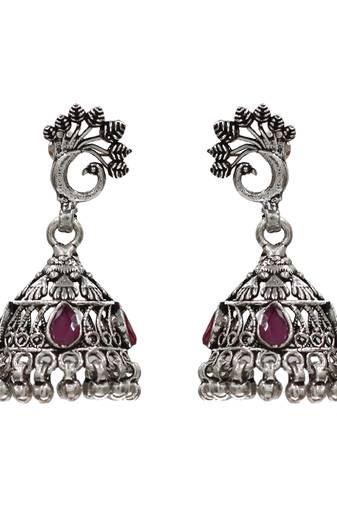 Silver plated pink kundan stone oxidised jhumka earrings