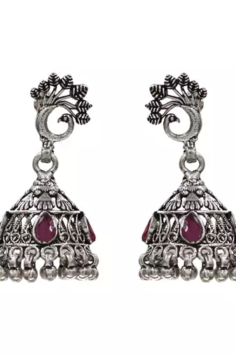 Silver plated pink kundan stone oxidised jhumka earrings