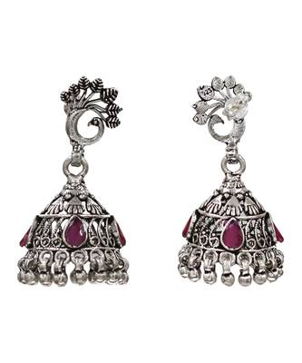 Silver plated pink kundan stone oxidised jhumka earrings 2