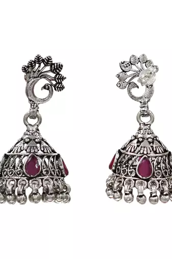 Silver plated pink kundan stone oxidised jhumka earrings