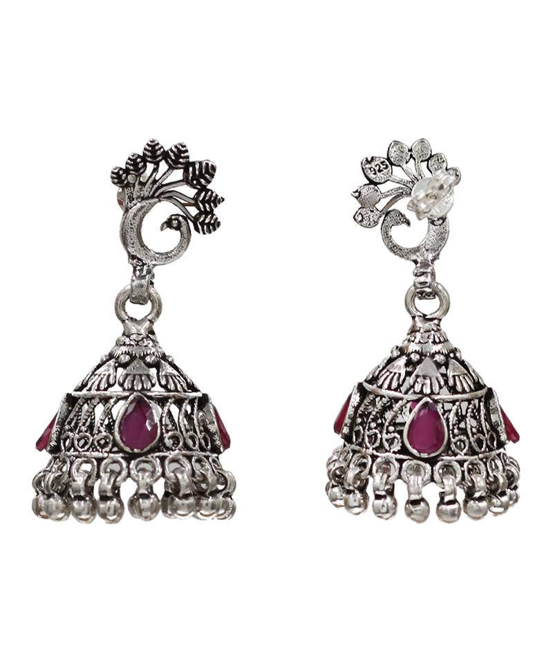 Silver plated pink kundan stone oxidised jhumka earrings