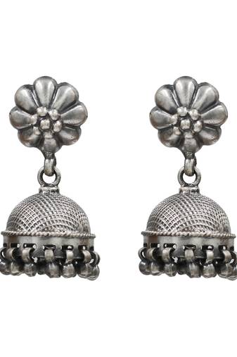 Silver plated metallic bloom jhumka earrings