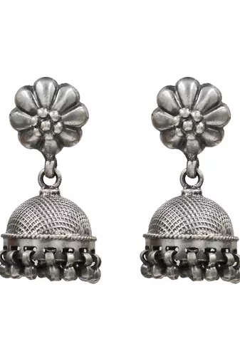Silver plated metallic bloom jhumka earrings