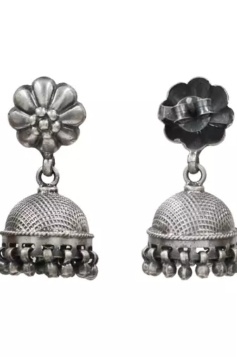 Silver plated metallic bloom jhumka earrings