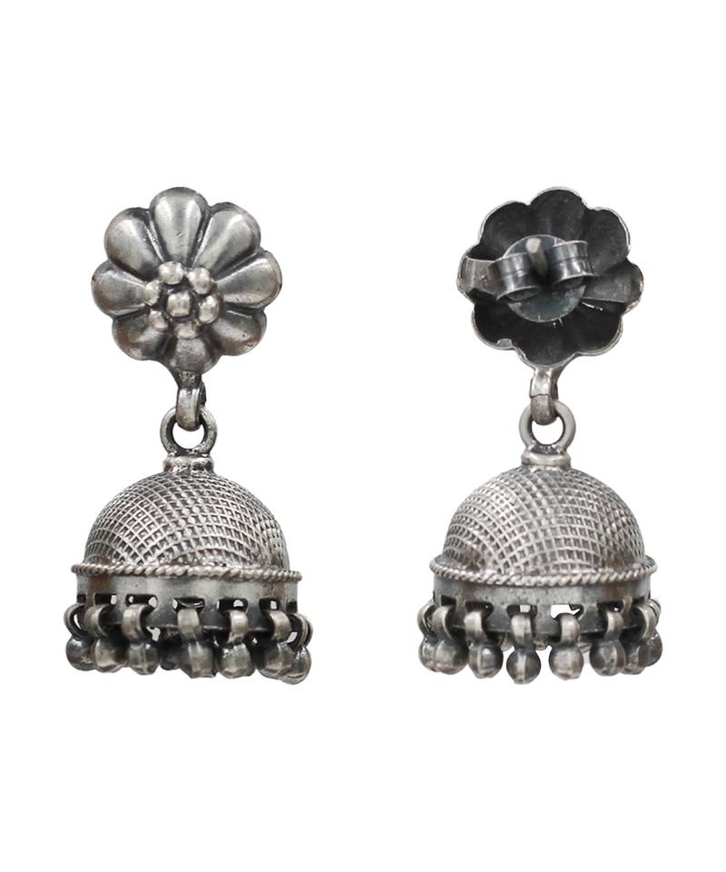 Silver plated metallic bloom jhumka earrings