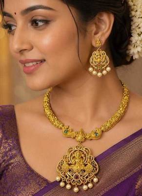 South Indian Temple Jewelry Set, Lakshmi Peacock Necklace Earrings, Antique Gold Bridal Pearl Drop 1