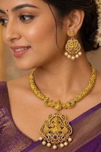 South Indian Temple Jewelry Set, Lakshmi Peacock Necklace Earrings, Antique Gold Bridal Pearl Drop