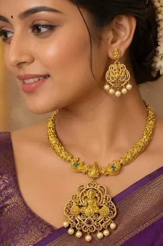 South Indian Temple Jewelry Set, Lakshmi Peacock Necklace Earrings, Antique Gold Bridal Pearl Drop