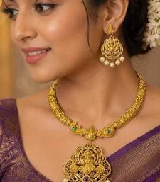 South Indian Temple Jewelry Set, Lakshmi Peacock Necklace Earrings, Antique Gold Bridal Pearl Drop