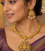 South Indian Temple Jewelry Set, Lakshmi Peacock Necklace Earrings, Antique Gold Bridal Pearl Drop