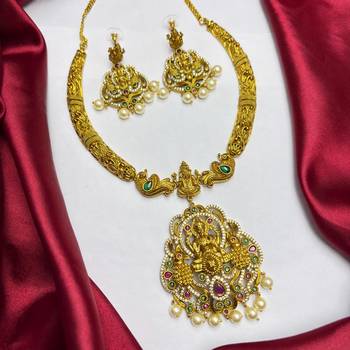 South Indian Temple Jewelry Set, Lakshmi Peacock Necklace Earrings, Antique Gold Bridal Pearl Drop 2