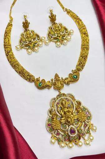 South Indian Temple Jewelry Set, Lakshmi Peacock Necklace Earrings, Antique Gold Bridal Pearl Drop