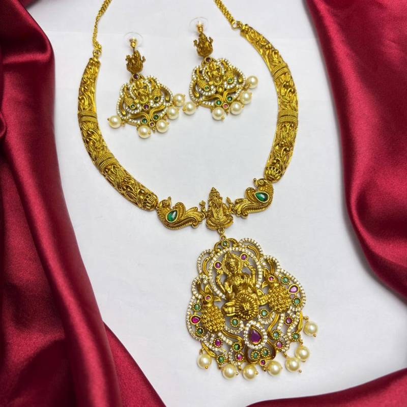 South Indian Temple Jewelry Set, Lakshmi Peacock Necklace Earrings, Antique Gold Bridal Pearl Drop