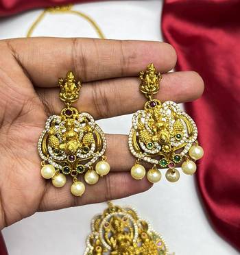 South Indian Temple Jewelry Set, Lakshmi Peacock Necklace Earrings, Antique Gold Bridal Pearl Drop 3
