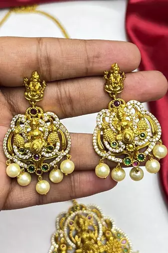 South Indian Temple Jewelry Set, Lakshmi Peacock Necklace Earrings, Antique Gold Bridal Pearl Drop