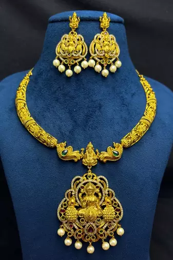 South Indian Temple Jewelry Set, Lakshmi Peacock Necklace Earrings, Antique Gold Bridal Pearl Drop