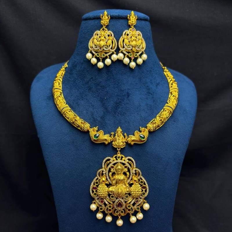 South Indian Temple Jewelry Set, Lakshmi Peacock Necklace Earrings, Antique Gold Bridal Pearl Drop