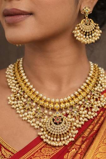 Gold Plated Guttapusalu Necklace Set: Traditional Indian Bridal Choker with Chandbali Earrings
