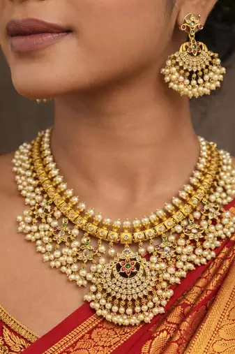 Gold Plated Guttapusalu Necklace Set: Traditional Indian Bridal Choker with Chandbali Earrings