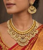 Gold Plated Guttapusalu Necklace Set: Traditional Indian Bridal Choker with Chandbali Earrings