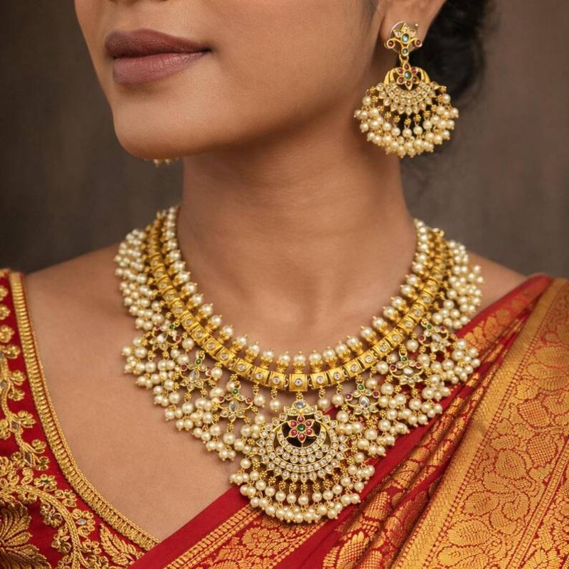 Gold Plated Guttapusalu Necklace Set: Traditional Indian Bridal Choker with Chandbali Earrings
