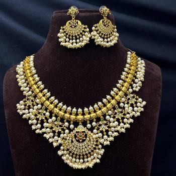 Gold Plated Guttapusalu Necklace Set: Traditional Indian Bridal Choker with Chandbali Earrings 2