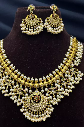 Gold Plated Guttapusalu Necklace Set: Traditional Indian Bridal Choker with Chandbali Earrings