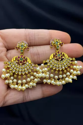 Gold Plated Guttapusalu Necklace Set: Traditional Indian Bridal Choker with Chandbali Earrings
