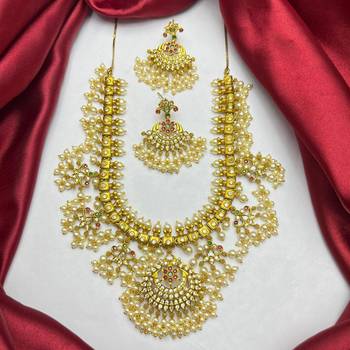 Gold Plated Guttapusalu Necklace Set: Traditional Indian Bridal Choker with Chandbali Earrings 4