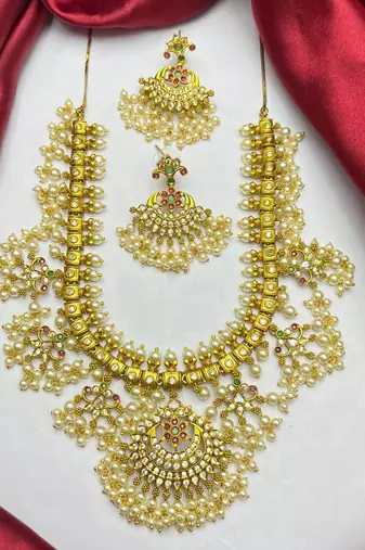 Gold Plated Guttapusalu Necklace Set: Traditional Indian Bridal Choker with Chandbali Earrings