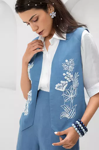 Blue embroidered buttersoft linen co ord set